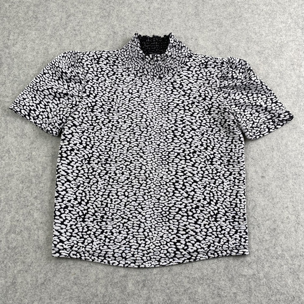 Zara Womens Small Black Animal Print Mock Neck Short Sleeve Stretch Knit Shirt